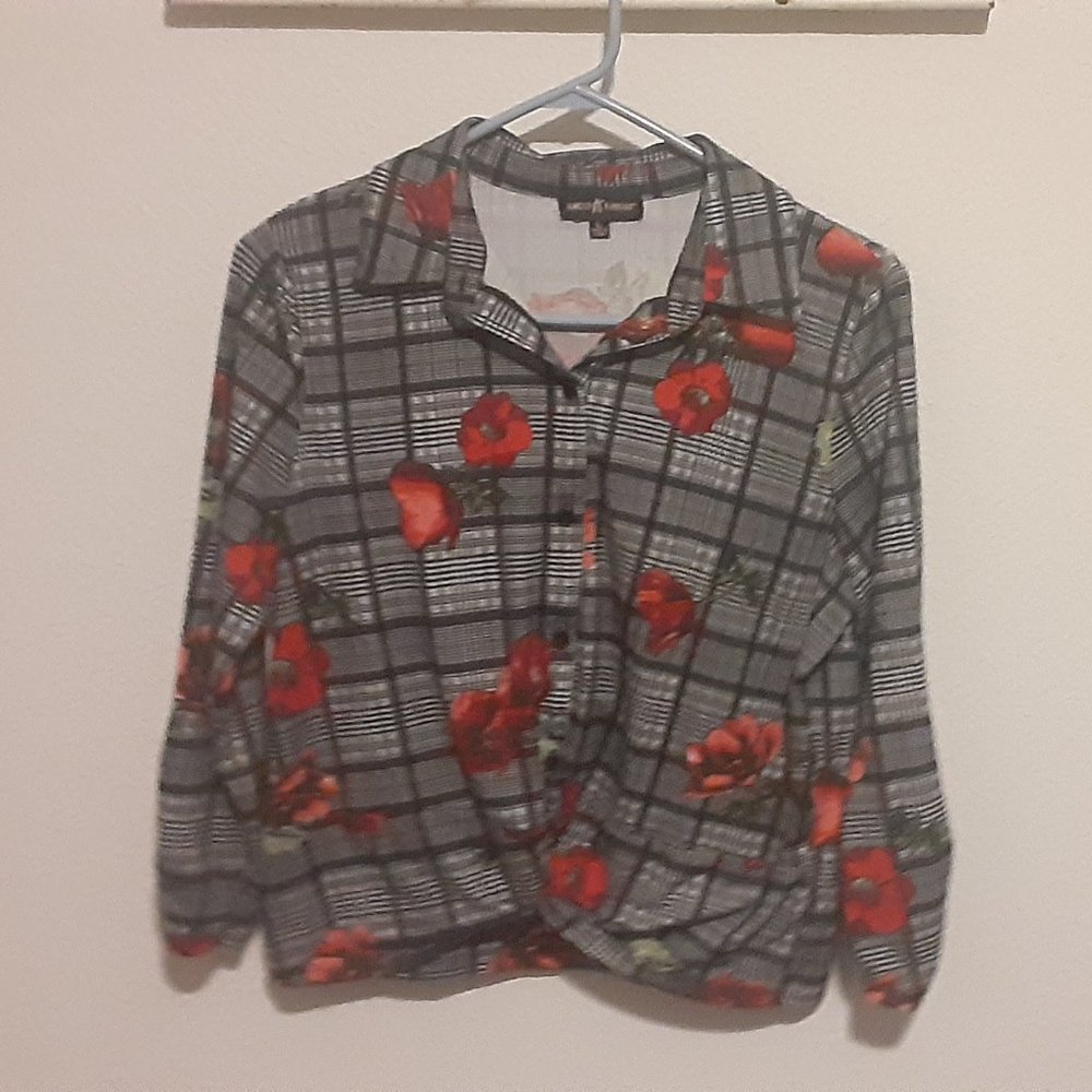 Plaid Tied up Floral blouse Large NWoT